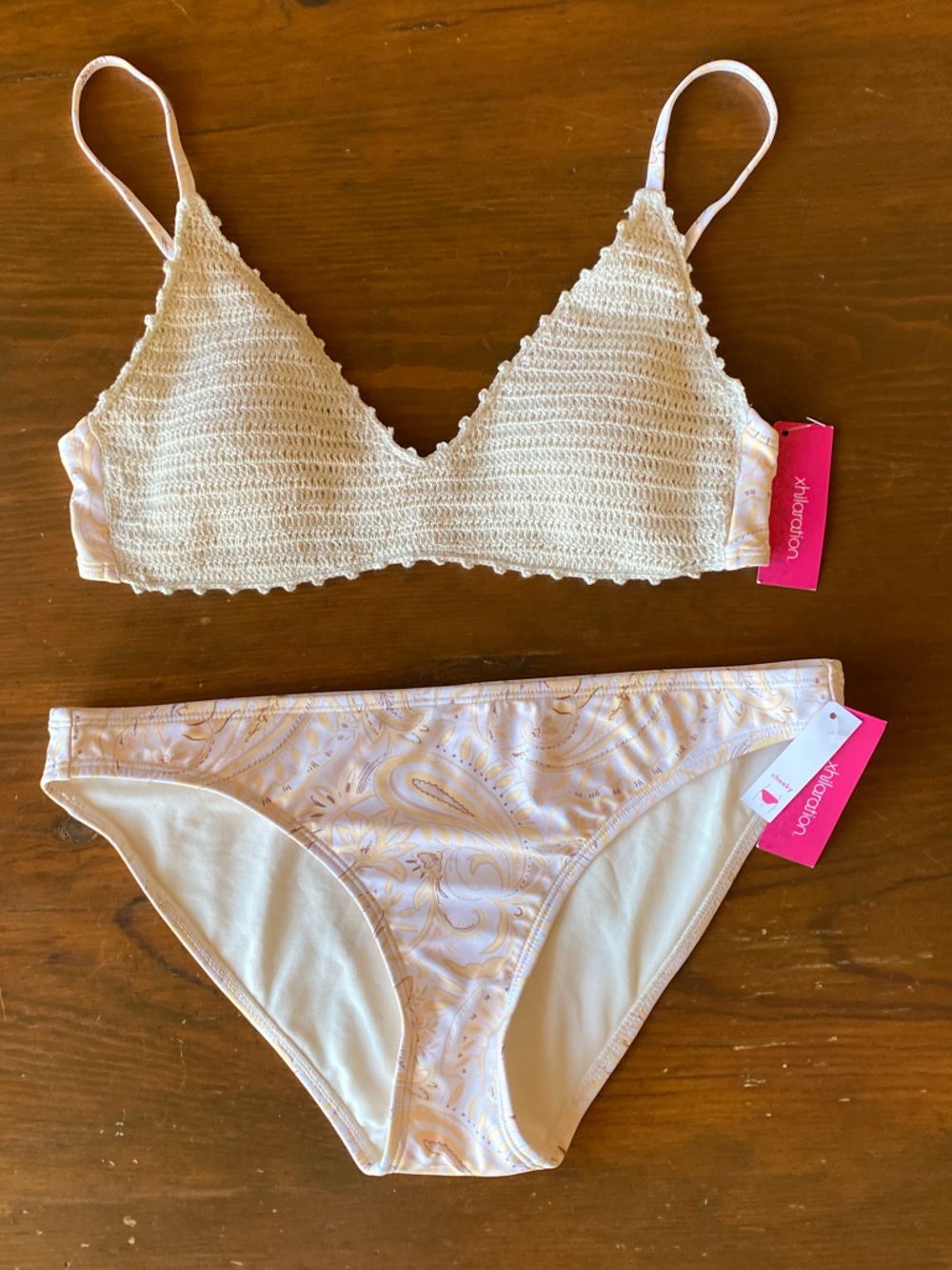 NWT Cream Crochet Bralette Bikini Top & Paisley Bikini Bottom Set Crochet Top